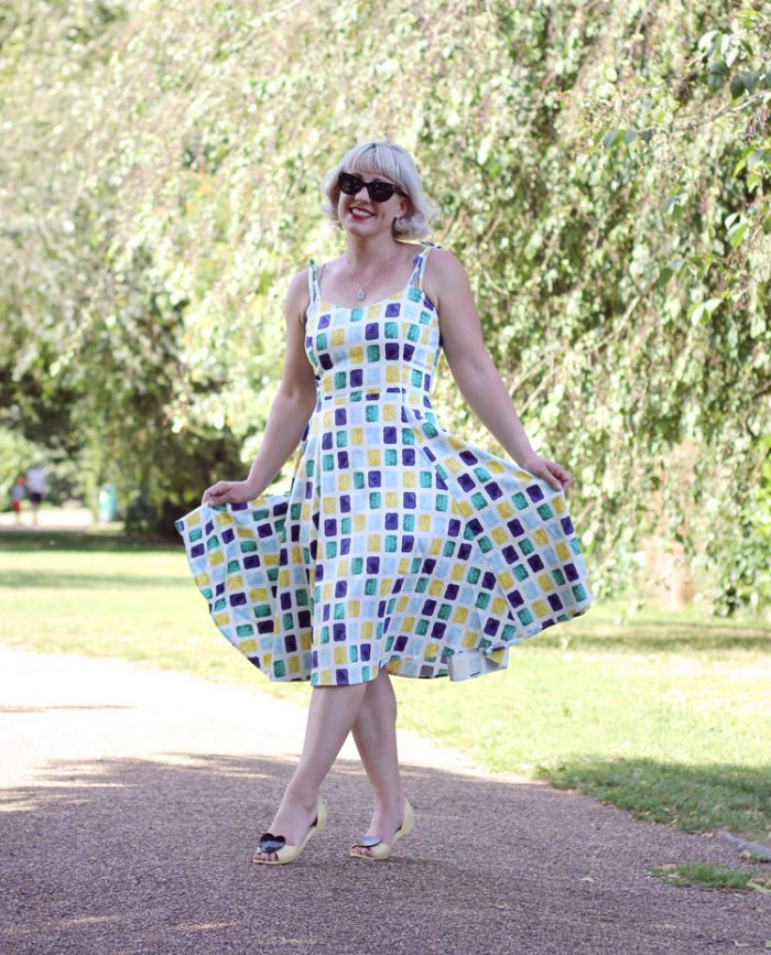 Blue and Yellow Squares Print Midi Dress