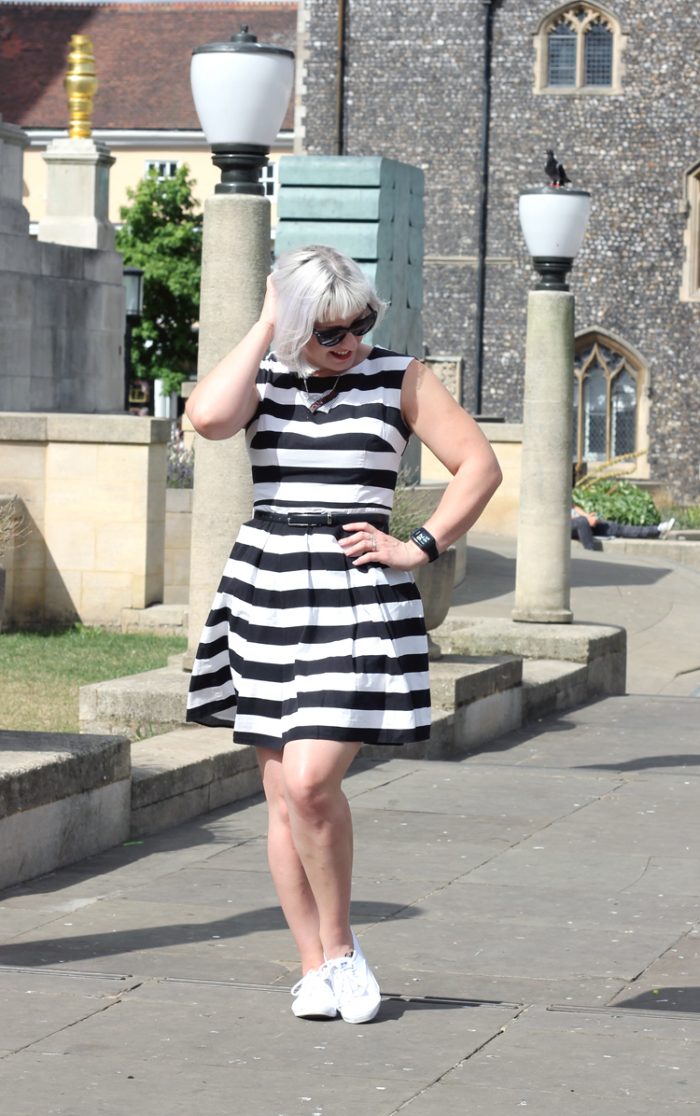 Striped dress and keds tennis shoes