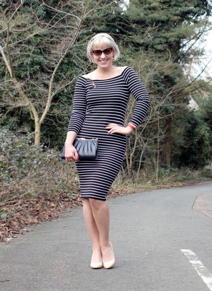 striped bardot body con midi dress