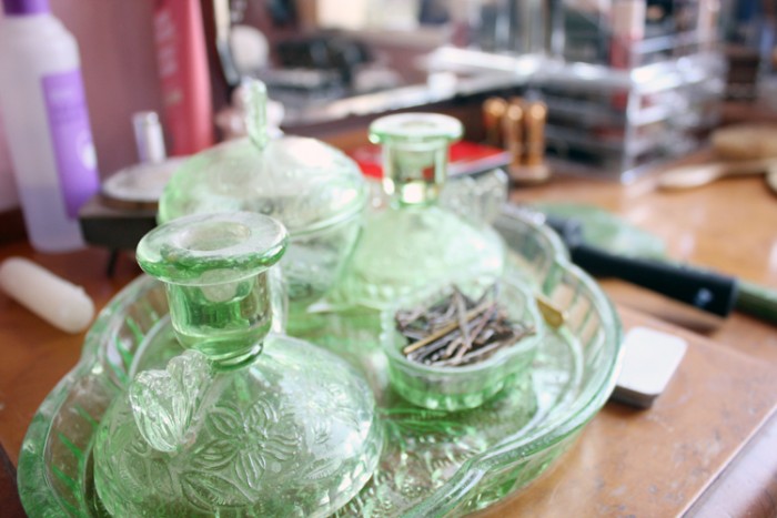 vintage green glass dressing table set