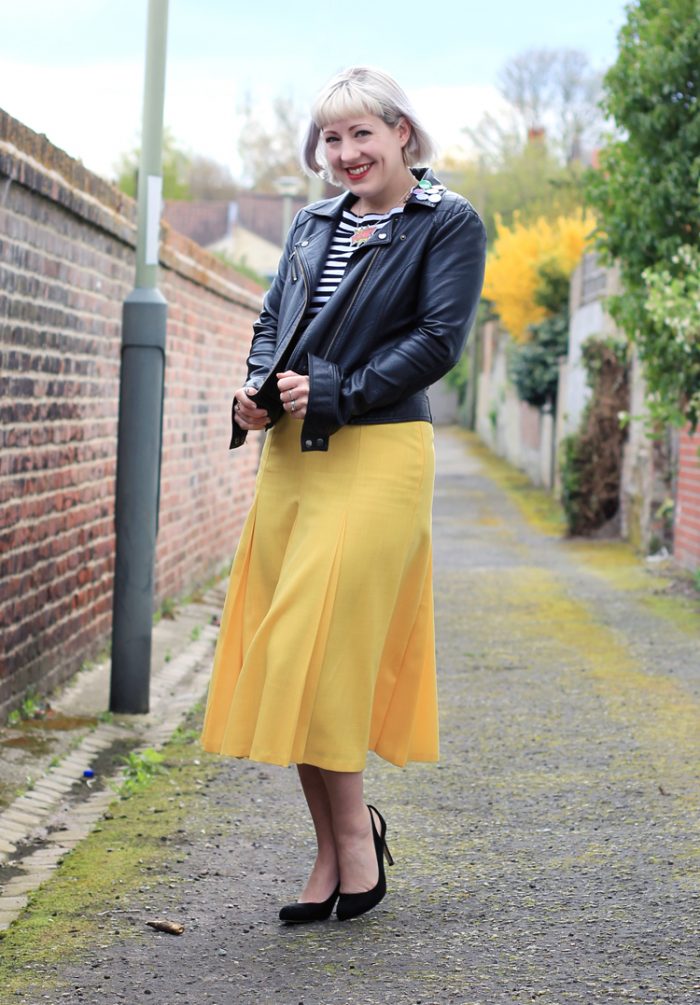 Yellow Skirt and Leather Jacket