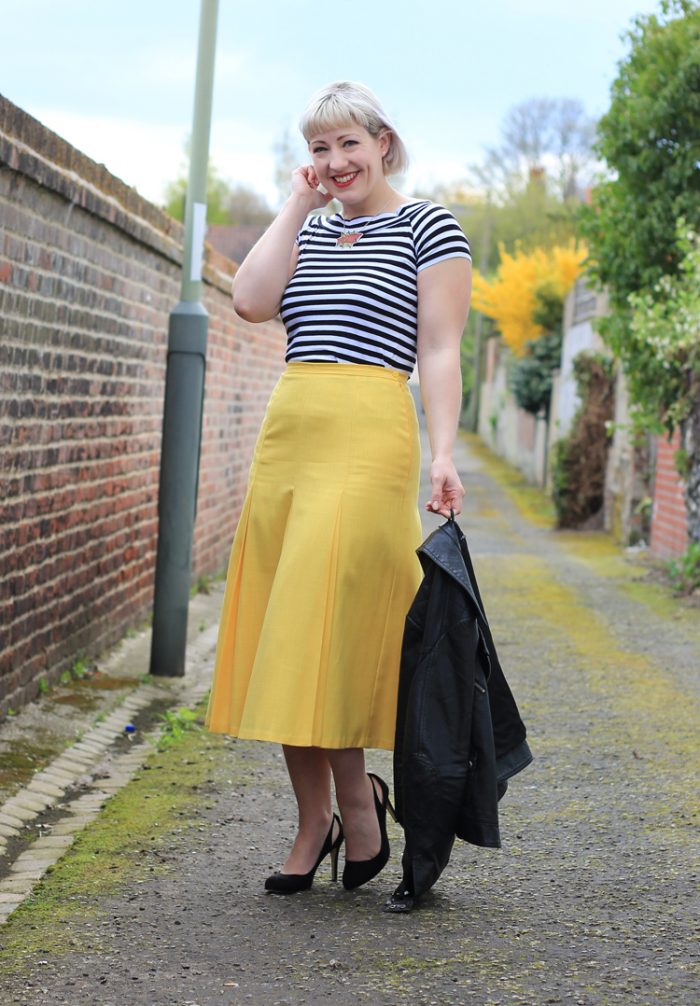 yellow 70s midi skirt breton stripe top