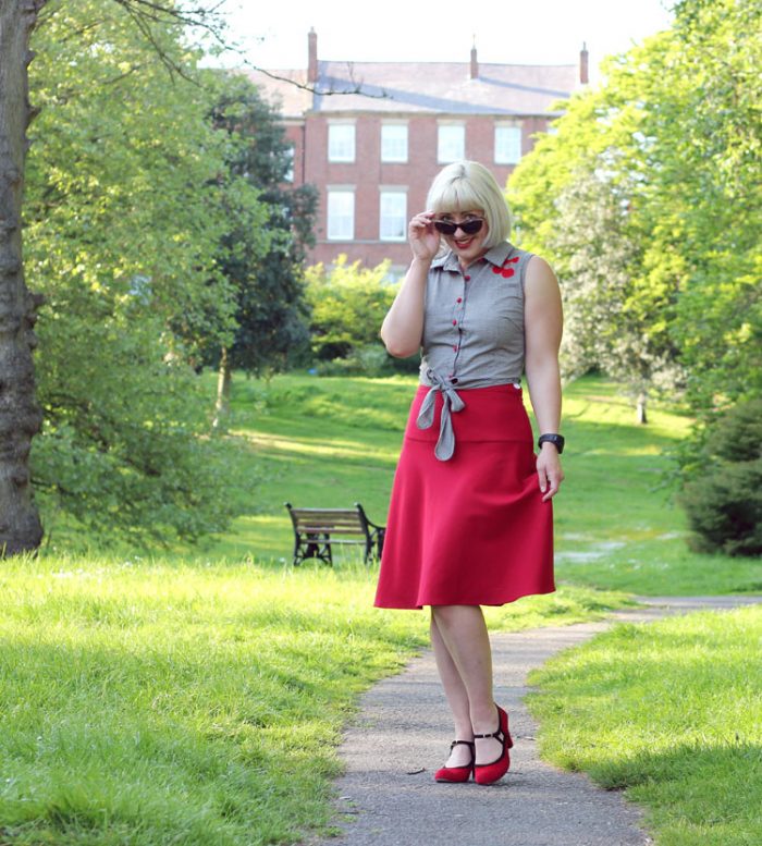 Red 40s Midi Skirt and gingham blouse
