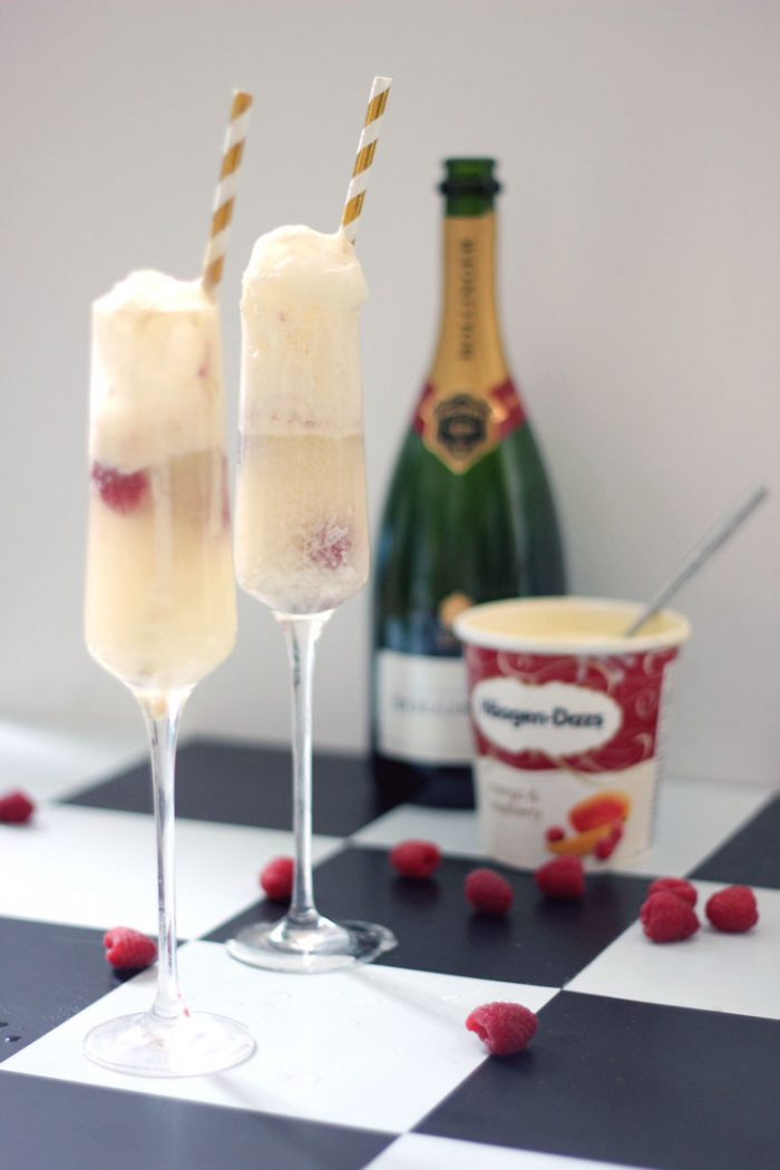 Raspberry and Mango Champagne Float Cocktail