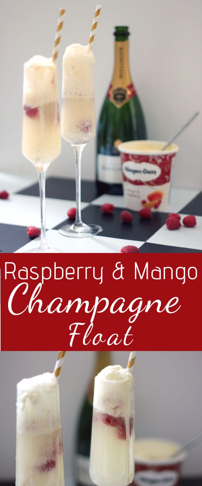 Raspberry and Mango Champagne Float Cocktail with Haagen Dazs Ice Cream and Fresh Raspberries