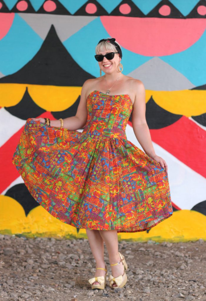 Vintage bright strapless summer dress outfit
