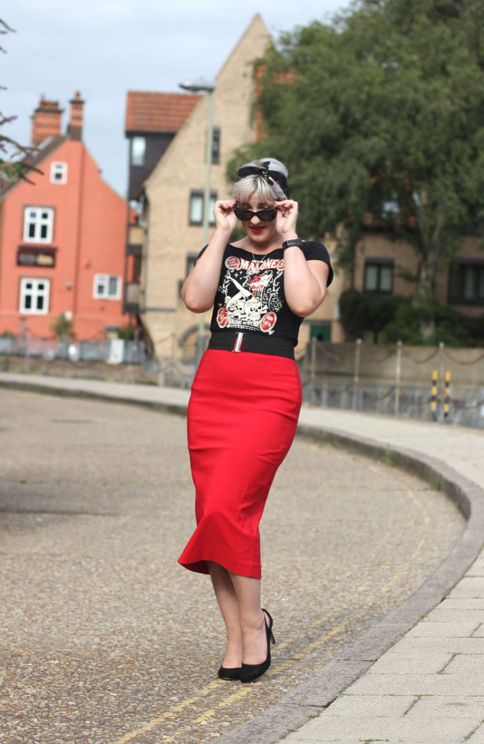A Red Pencil Skirt with a Splash of Rockabilly Style
