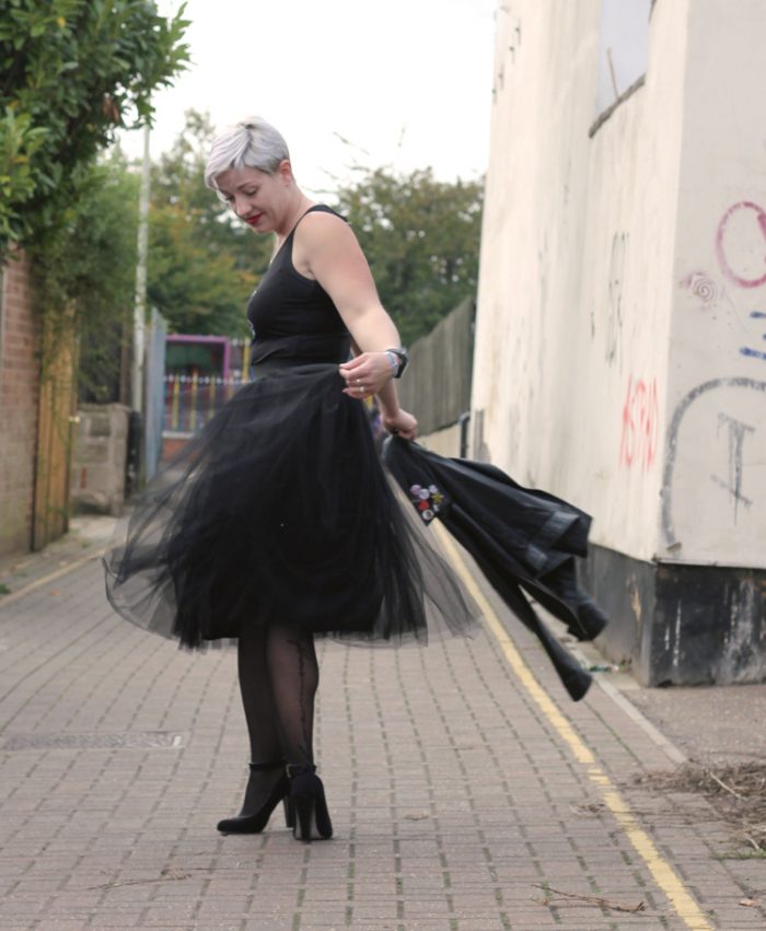 Black Tulle Skirt and Black Leather Biker Jacket Outfit