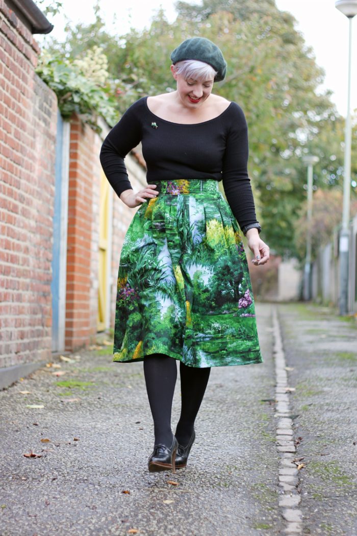 novelty-print-midi-skirt-and-bardot-top-outfit